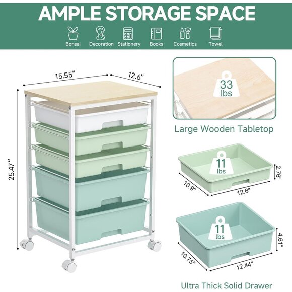 Craft cart,Rolling Cart with Drawers,Storage Cart with 5 Drawers and Wooden Tabl - Picture 3 of 9